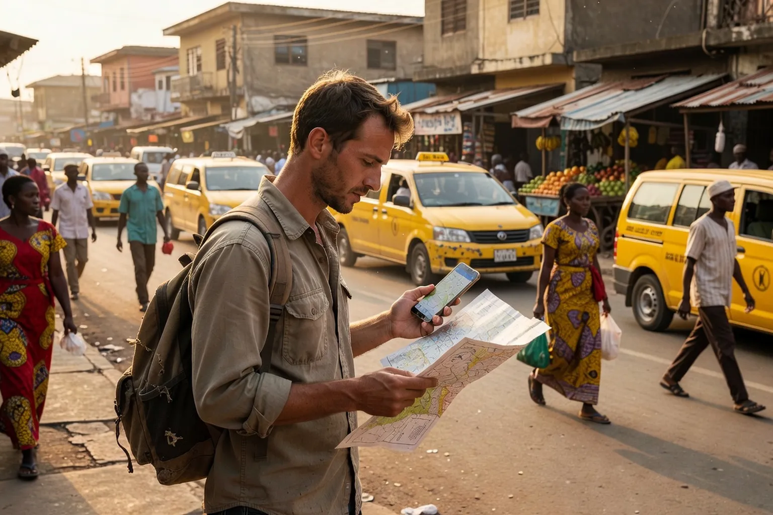 Voyageur solo consultant une carte routiere en Afrique de l'Est