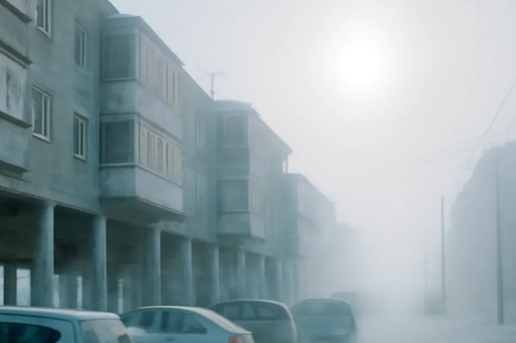 Immeubles de Iakoutsk construits sur pilotis au-dessus du pergélisol, dans la brume glacée