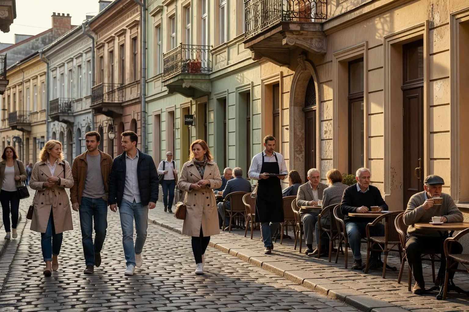 Rue reconstruite dans une ville ukrainienne, commerces rouverts, ambiance de reconstruction