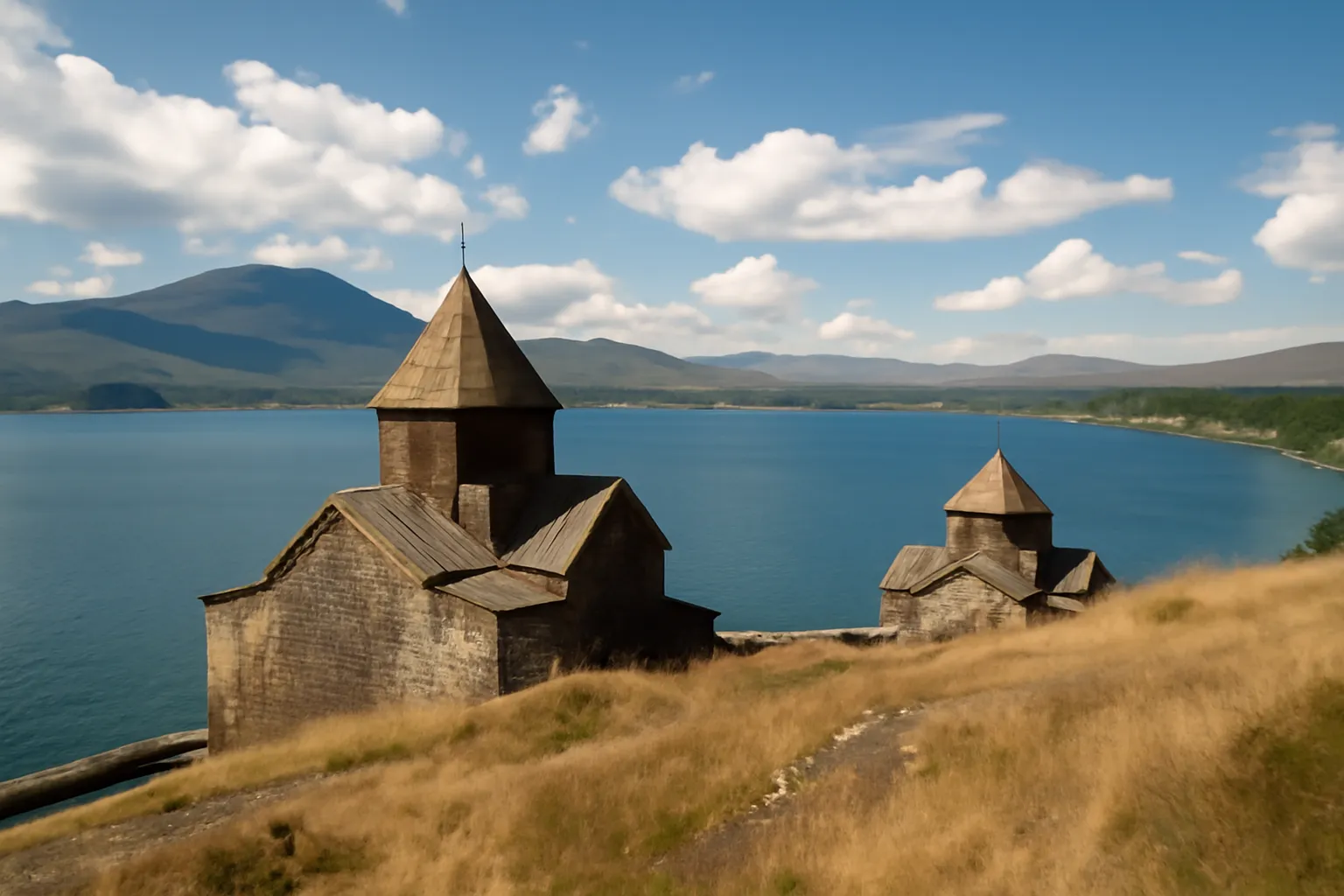 Lac Sevan en Arménie avec le monastère de Sevanavank sur une presqu'île