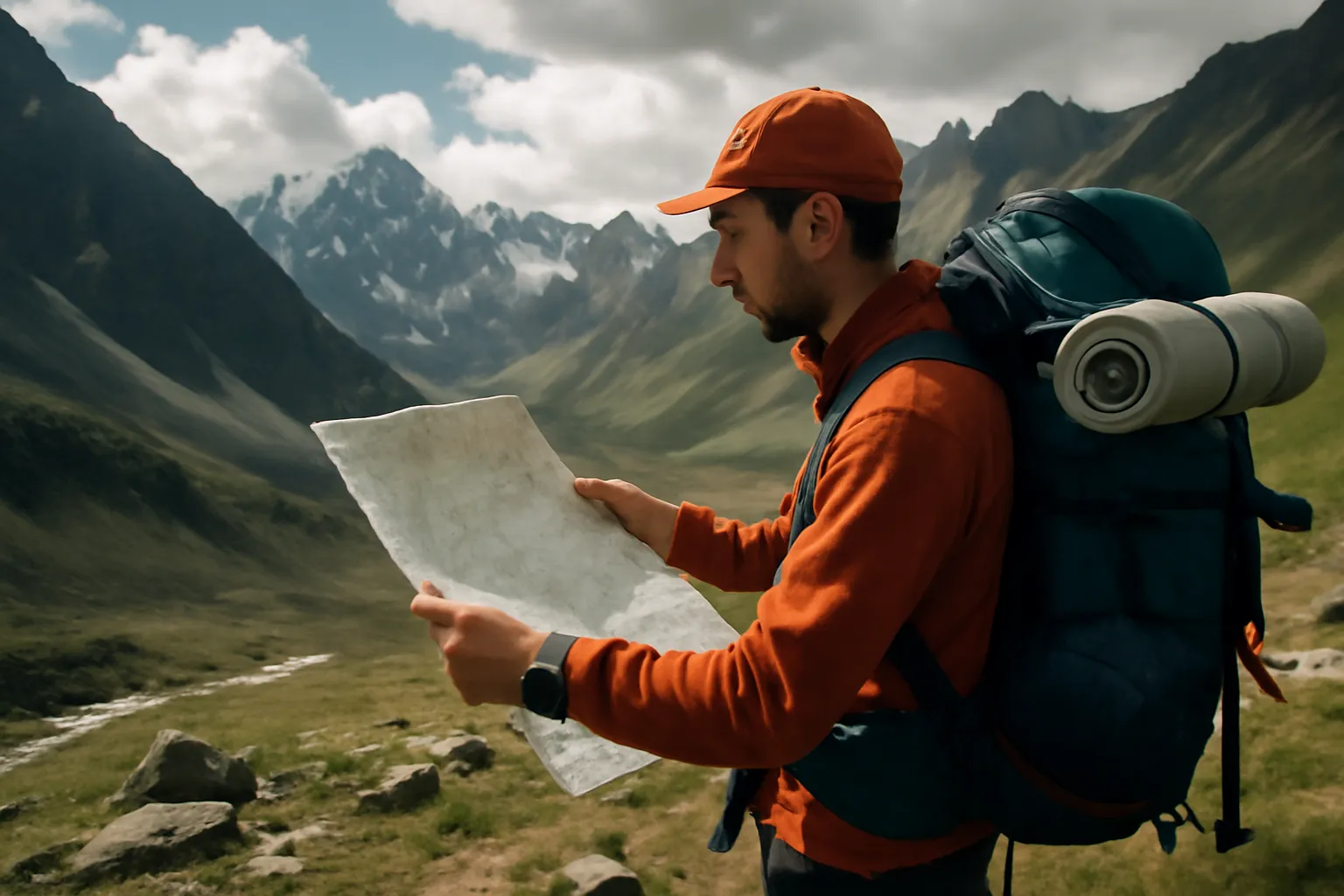 Randonneur consultant sa carte dans les montagnes du Kirghizistan