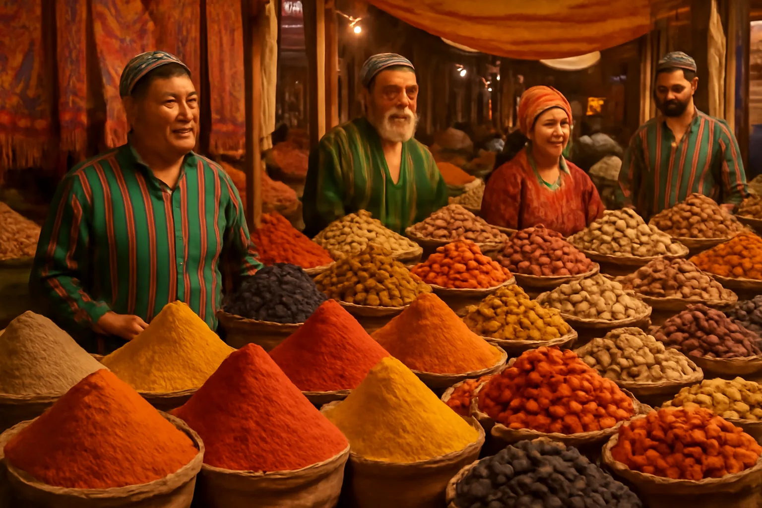 Marche colore d'Asie Centrale avec epices et fruits secs