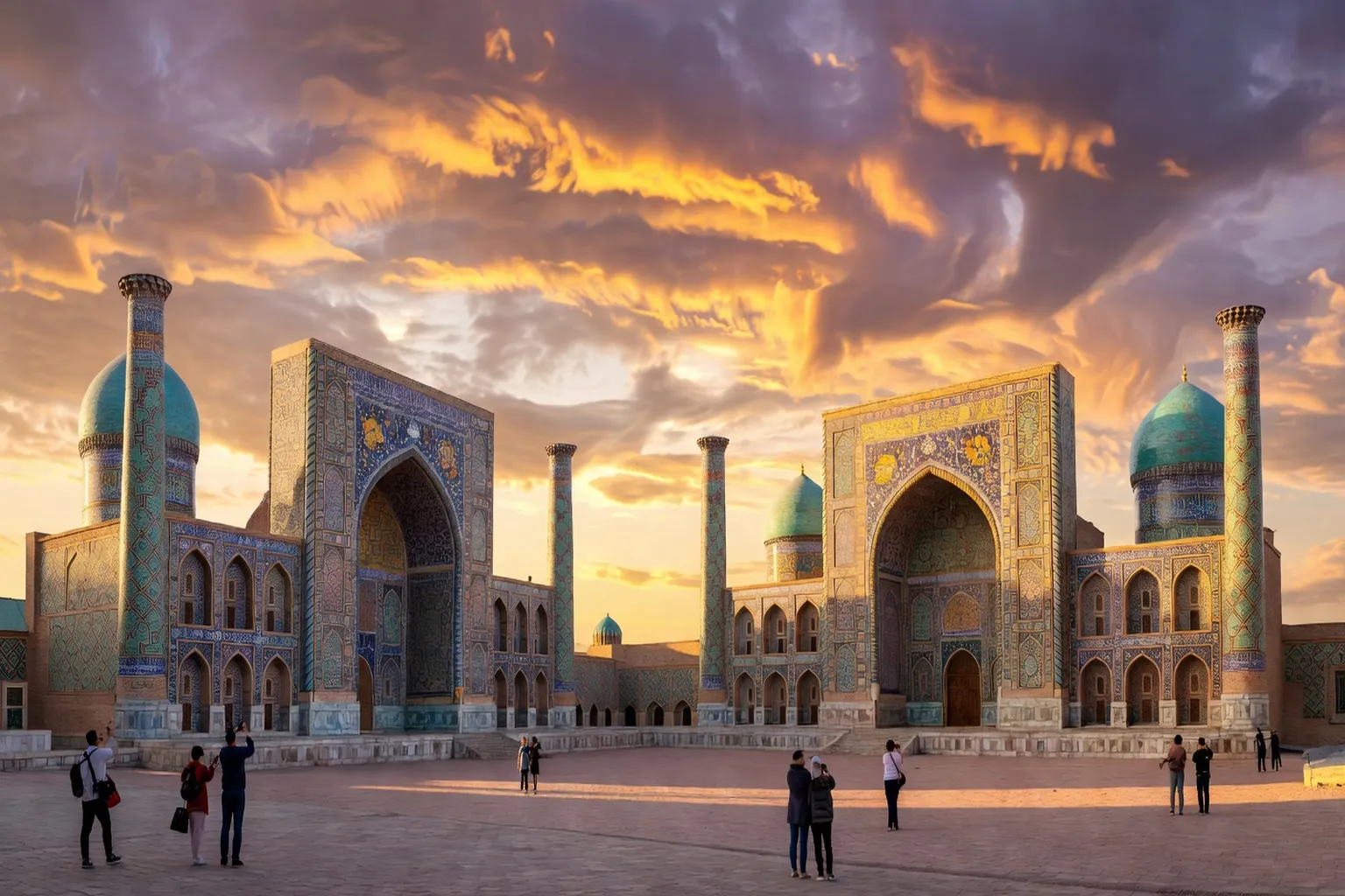Place du Régistan à Samarcande, mosaïques bleues, Ouzbékistan