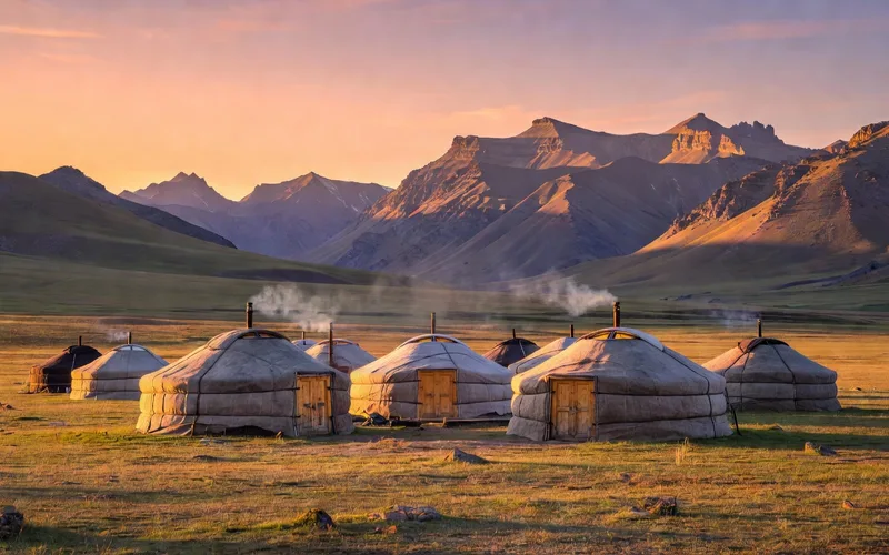 Yourtes blanches dans la steppe mongole avec ciel bleu immense