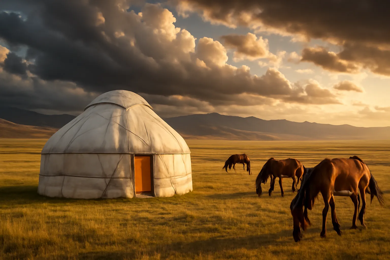 Steppe kazakhe au Kazakhstan, yourte nomade traditionnelle, cheval en liberté